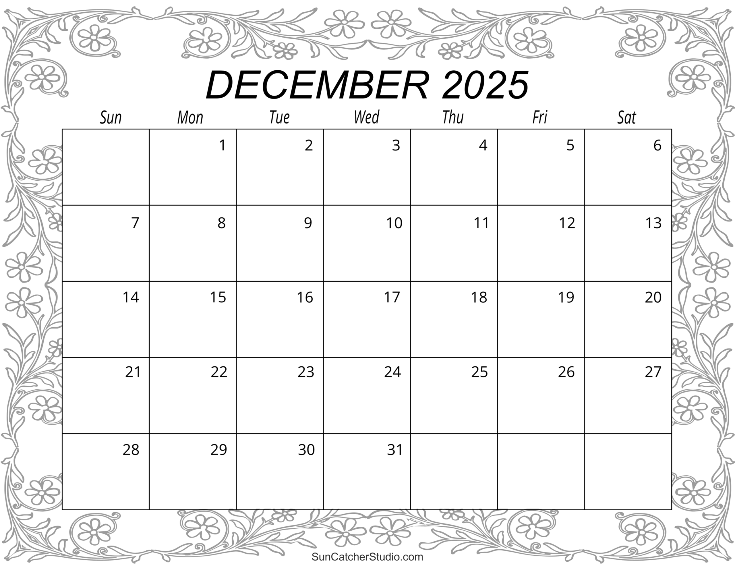 Printable Large Blank December Calendar