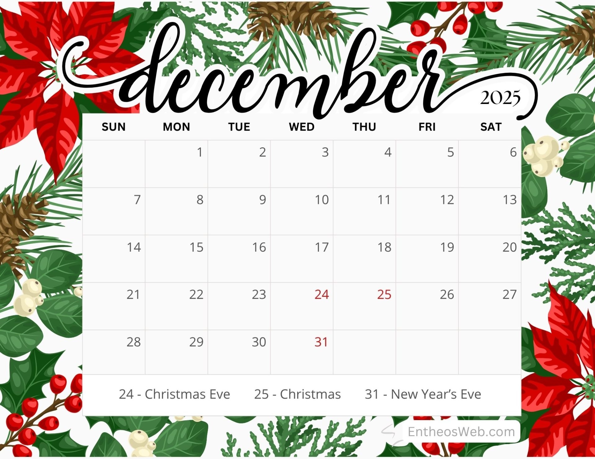 Printable December Christmas Calendar