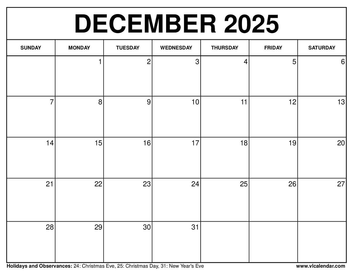 December 2025 Calendar Free Printable Templates