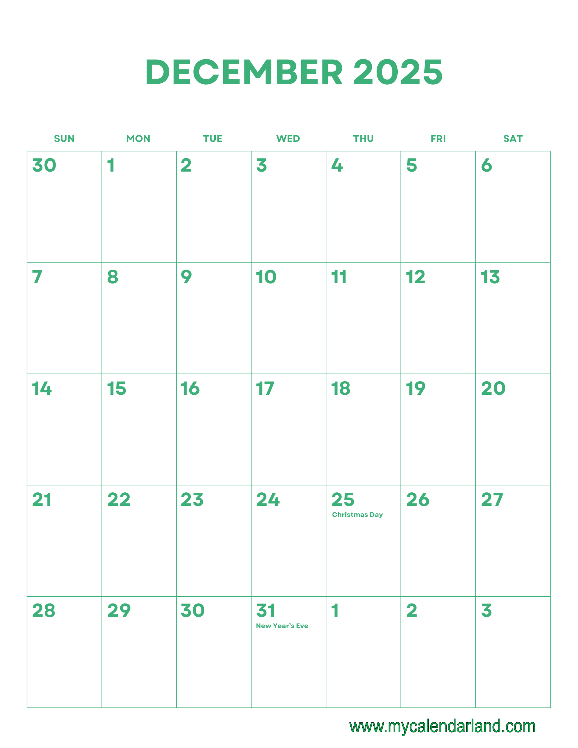 December 2025 Calendar My Calendar Land