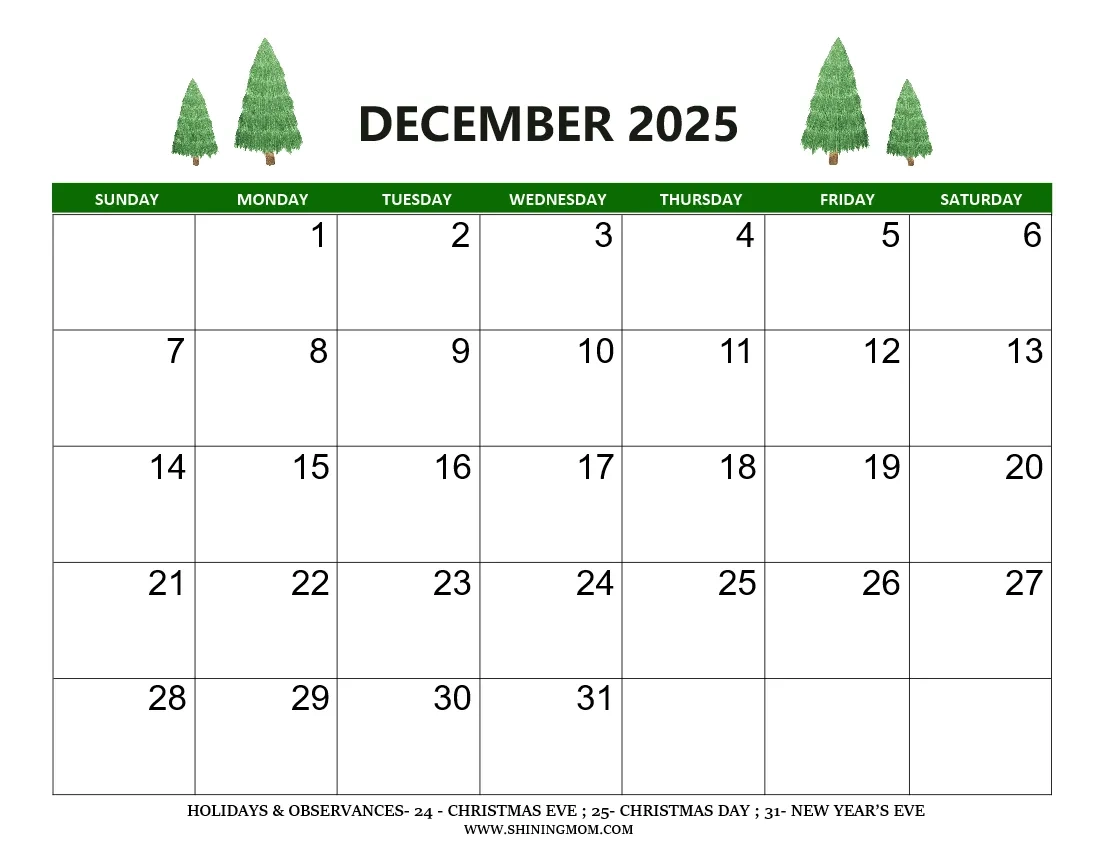 Printable Holiday Calendar For December
