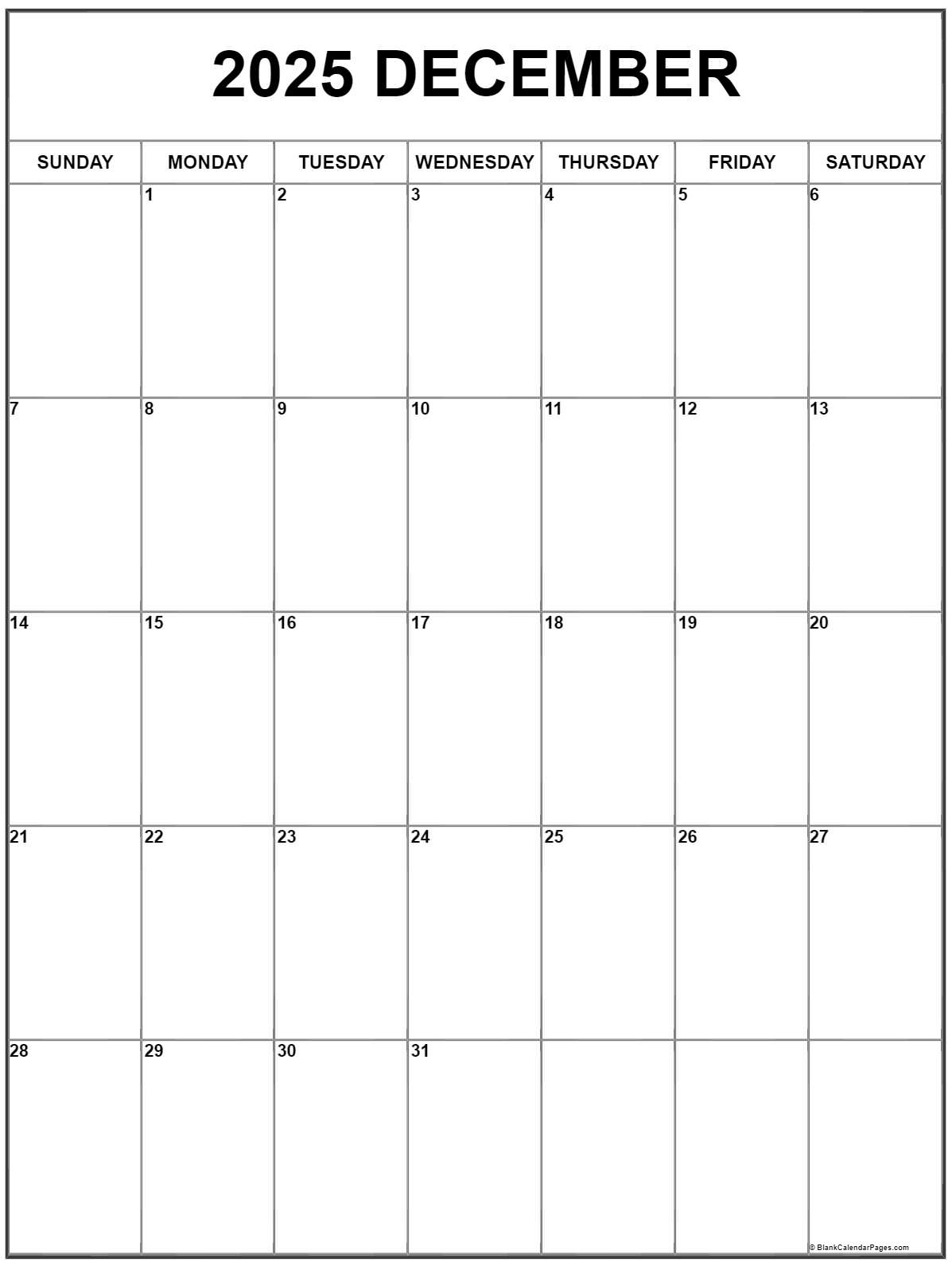 December 2025 Vertical Calendar Portrait
