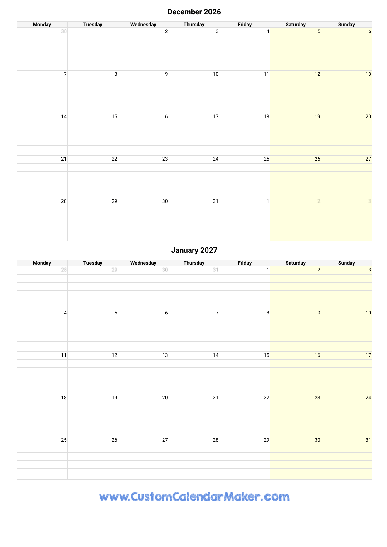 December And January Calendar Printable