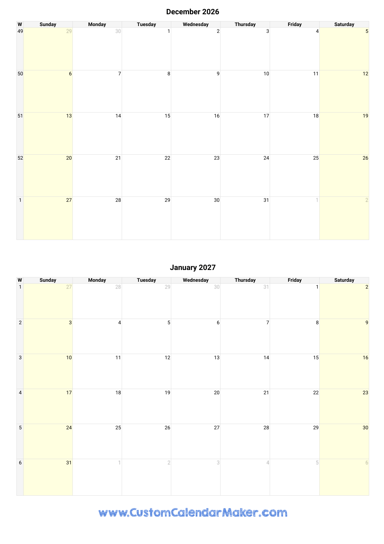 December 2026 And January 2027 Calendar Custom Calendar Maker