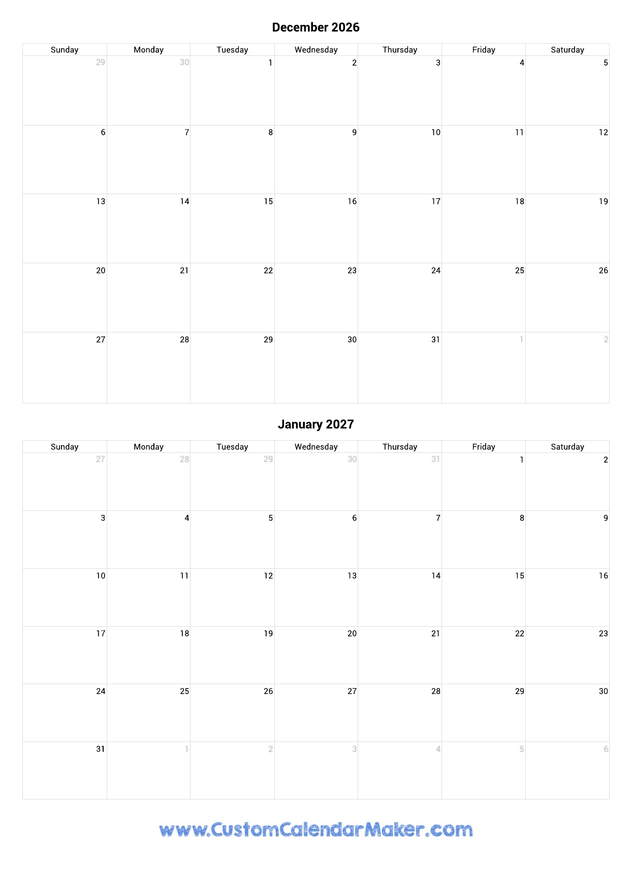 Blank 2026 And 2027 Calendar Printable
