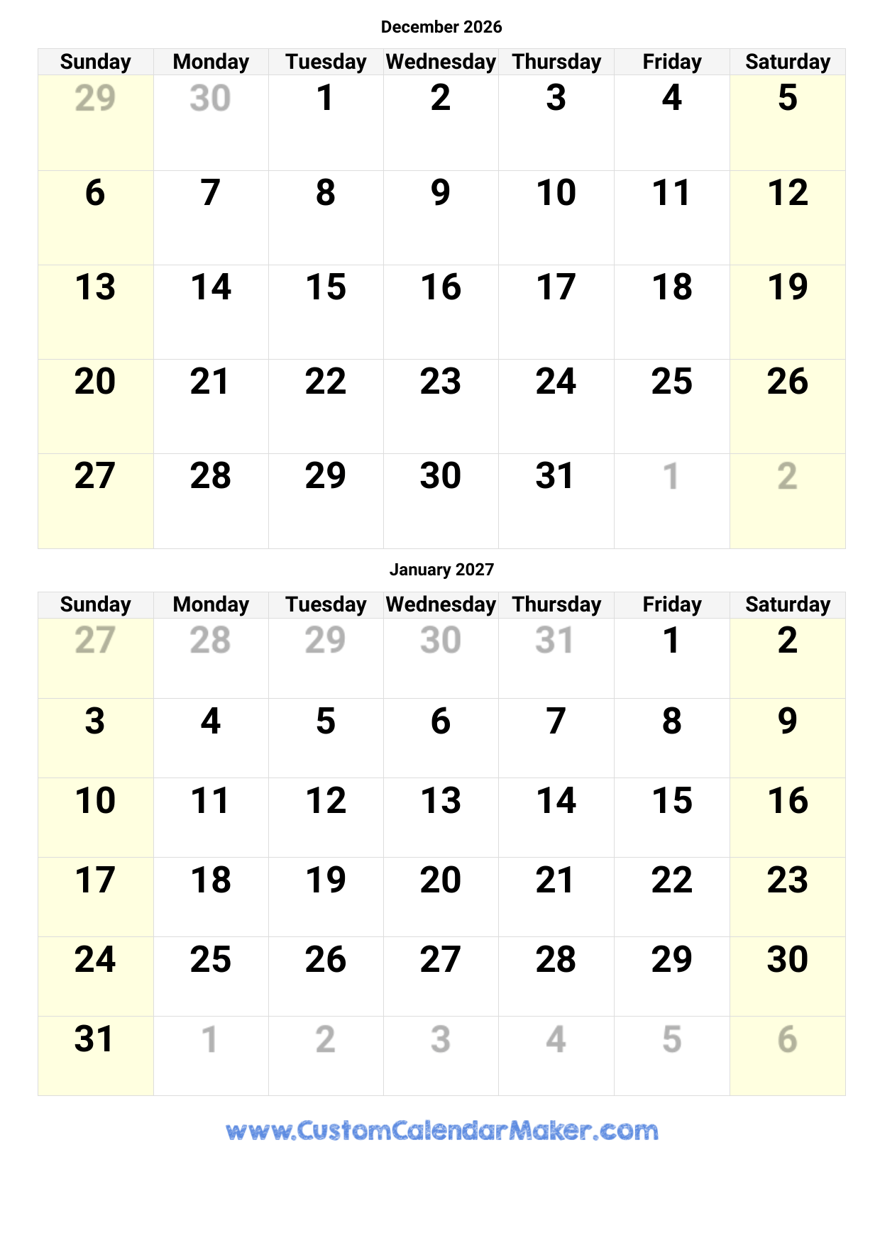 december 2026 and january 2027 calendar custom calendar maker