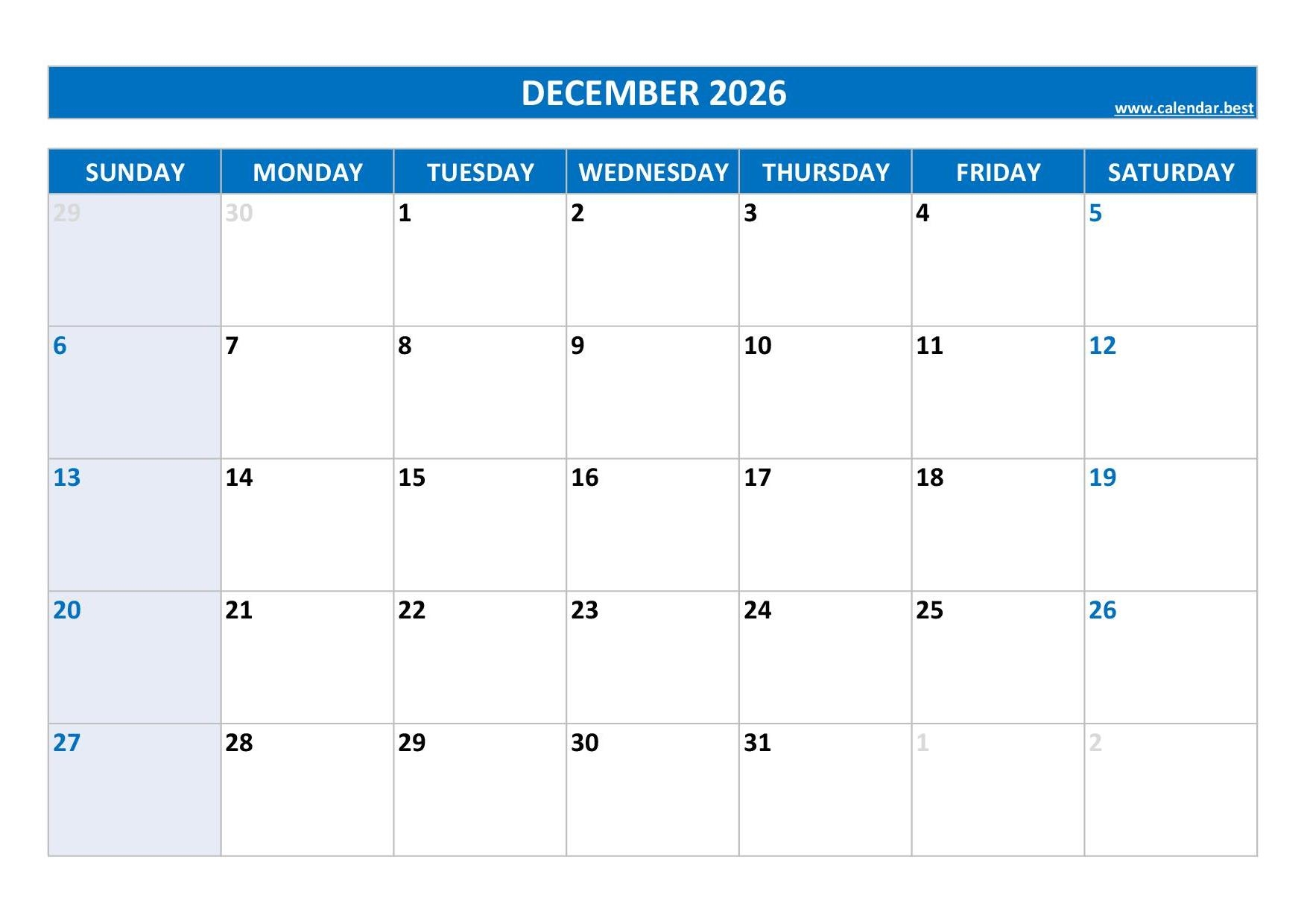 December 2026 Calendar Calendar best
