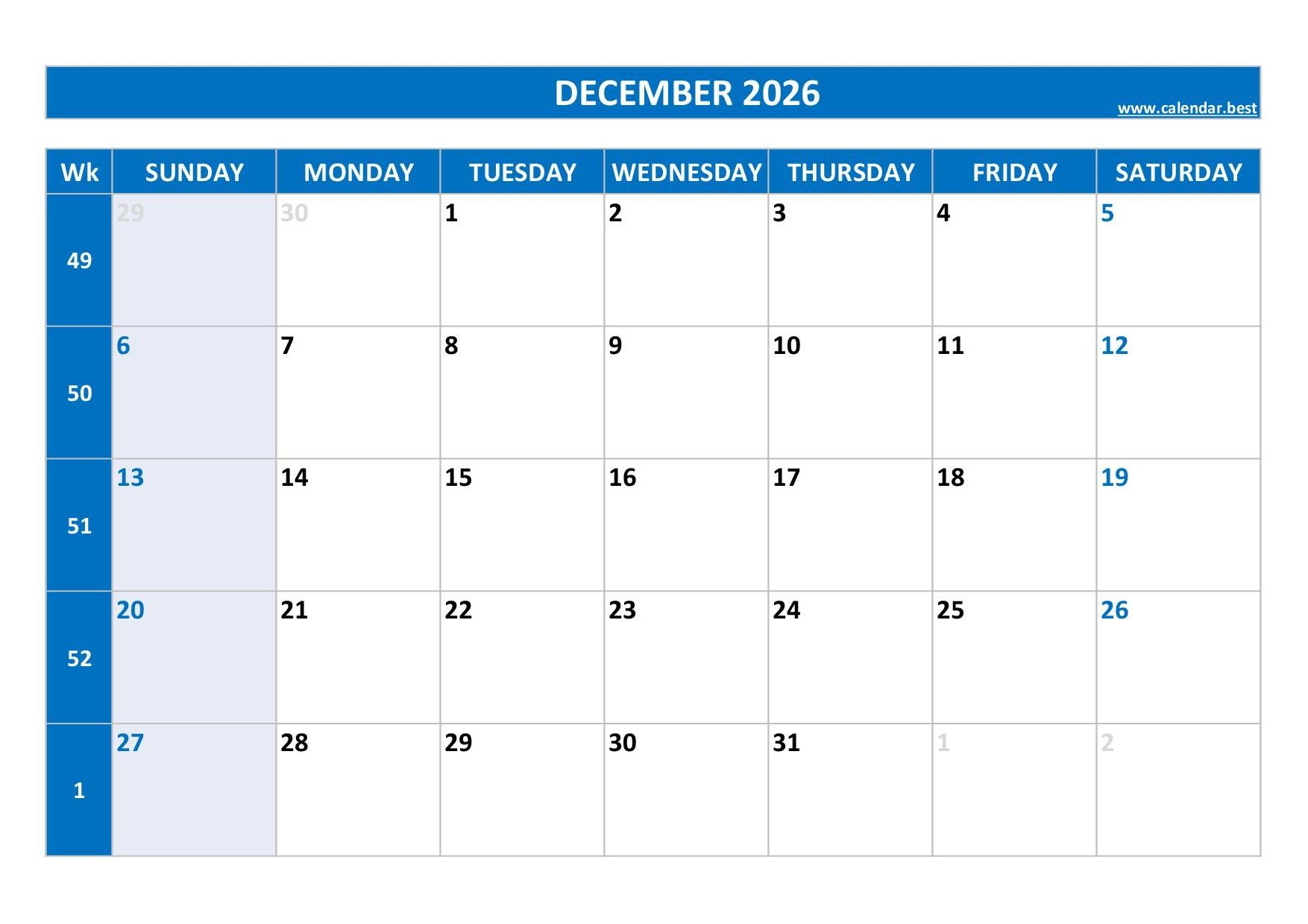 July - December 2026 Calendar