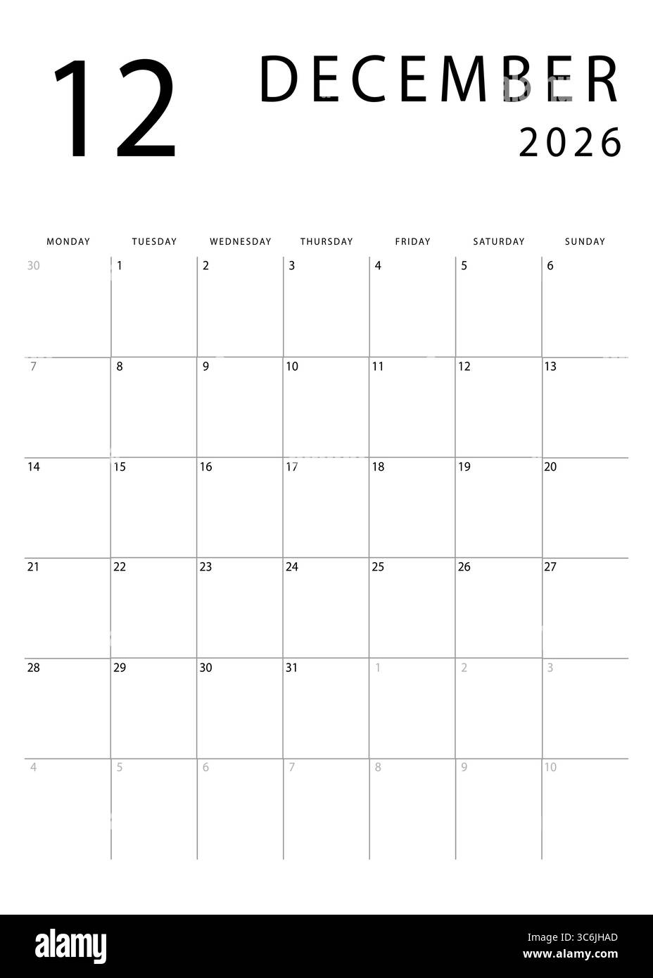 Calendar December 2026 Printable Starting Monday