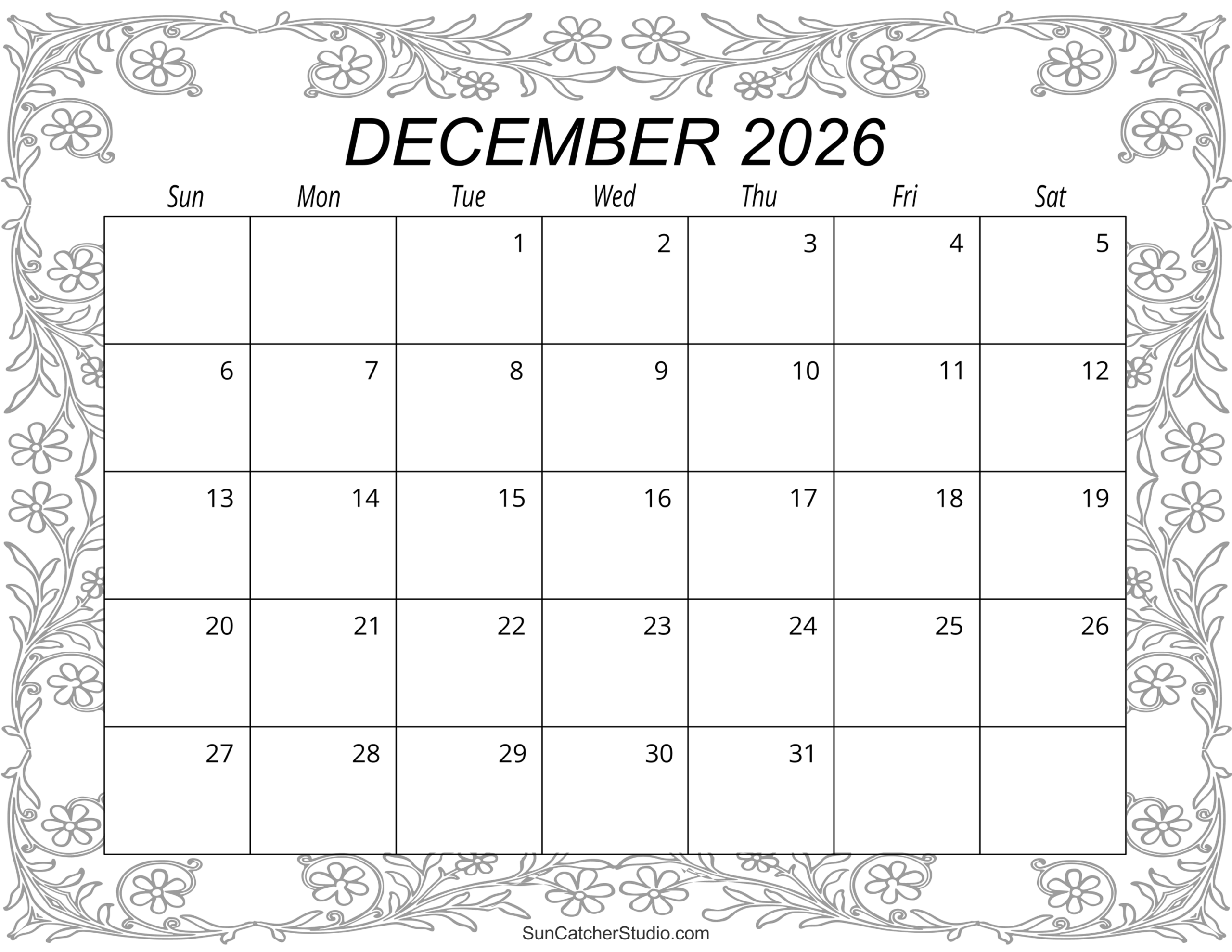 Colorful Printable December Calendar 2026