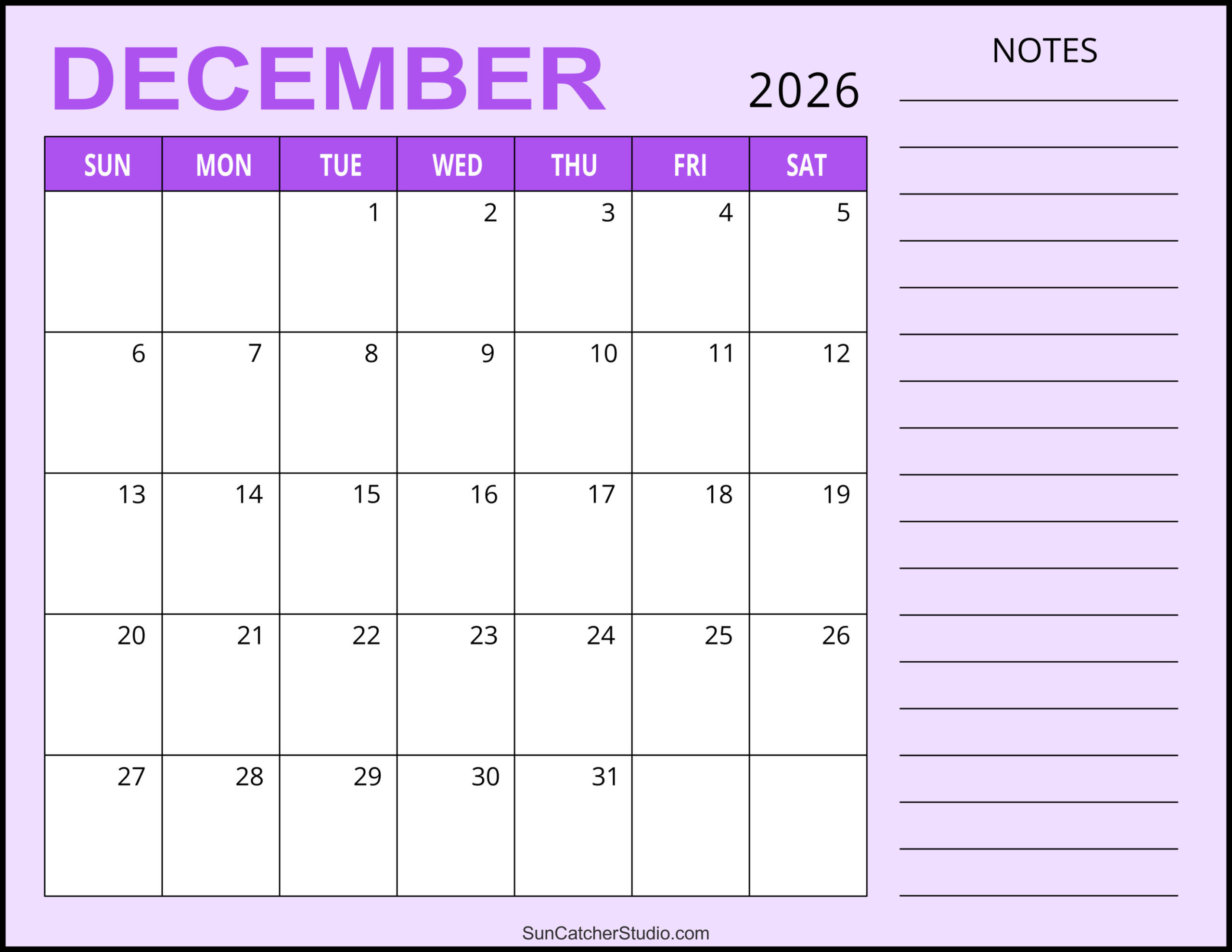 Monthly Calendar Printable 2026 December
