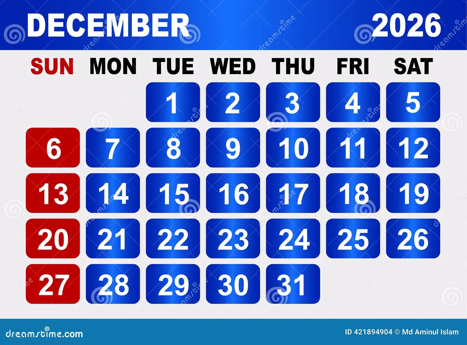 December 2026 Calendar Grid With Red Sundays And Blue Weekdays 