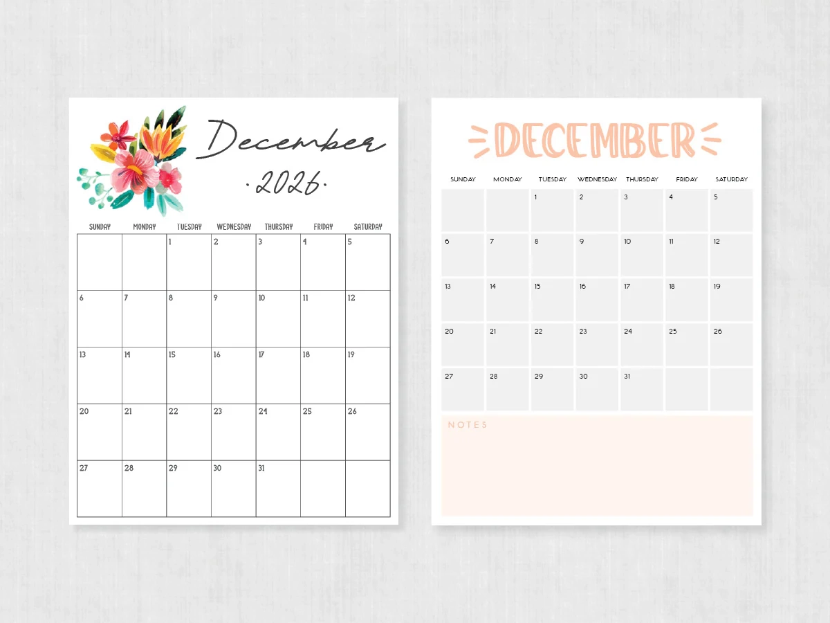 December 2026 Calendar Printable PDF Templates