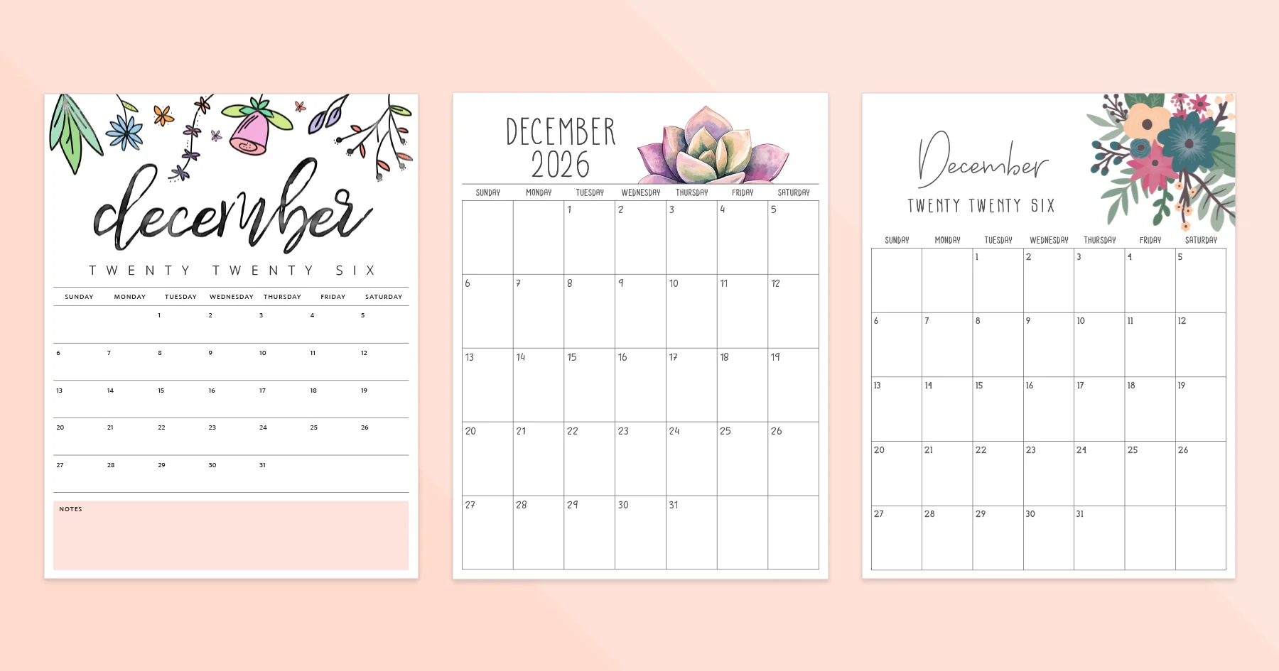 December 2026 Calendar Printable PDF Templates