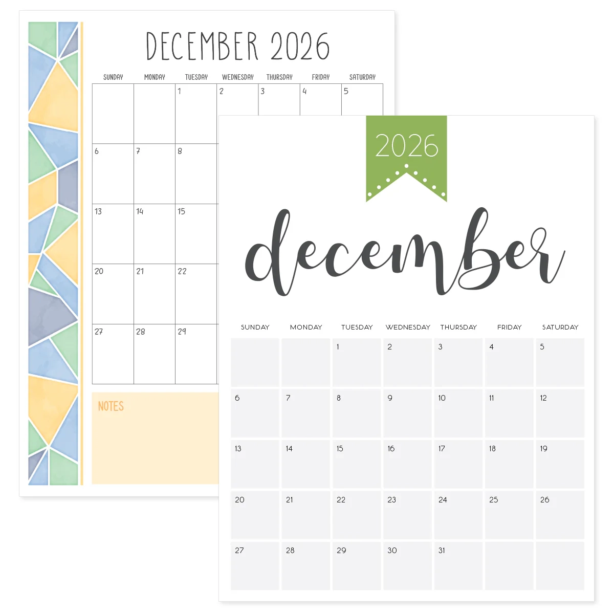 December 2026 Calendar Printable PDF Templates