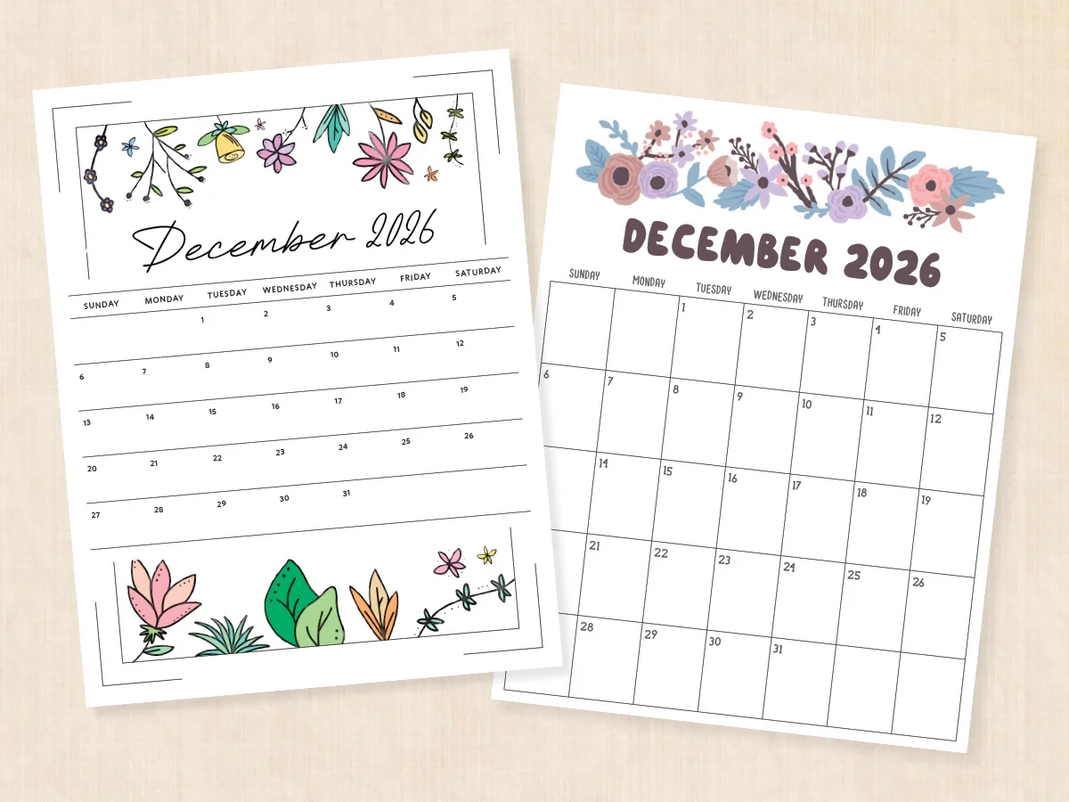 December 2026 Calendar Printable PDF Templates