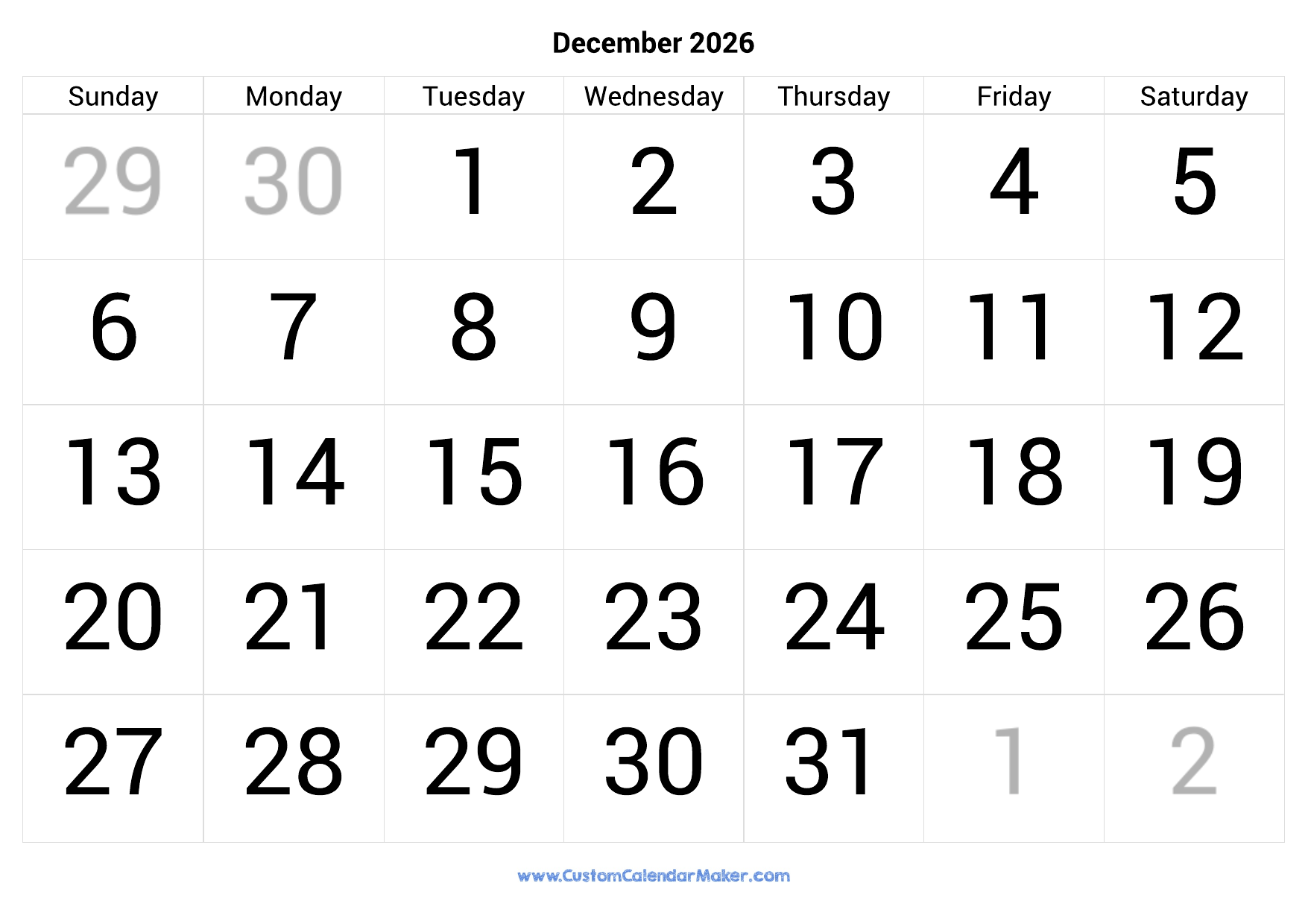 Printable December Calendar 2026