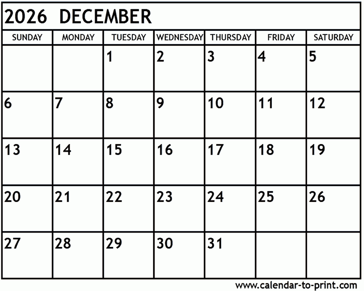 December 2026 Free Printable Calendar
