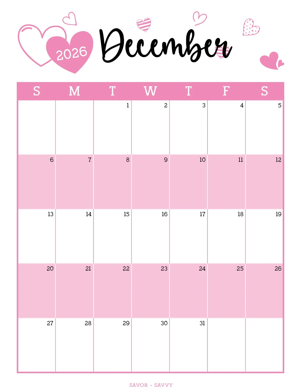 Pink December 2026 Printable Calendar