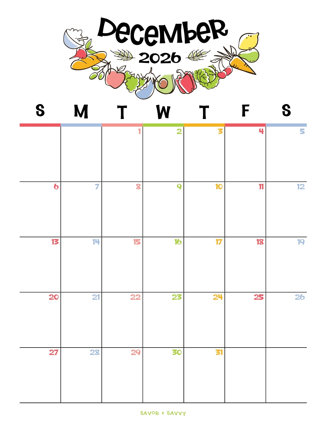 Vertical Printable December Calendar 2026