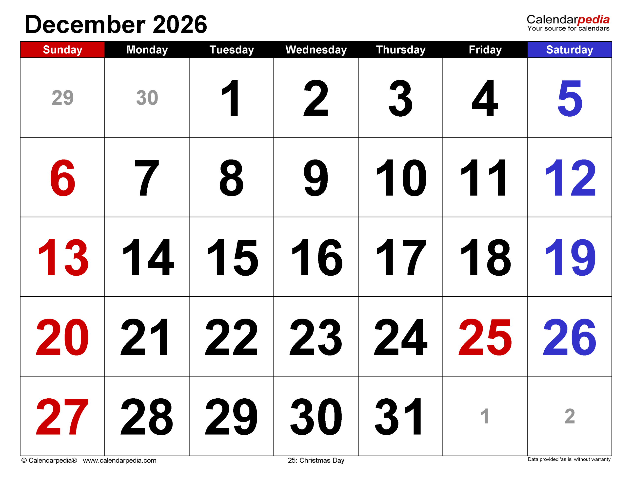 Calendar December 2026 Printable Pdf