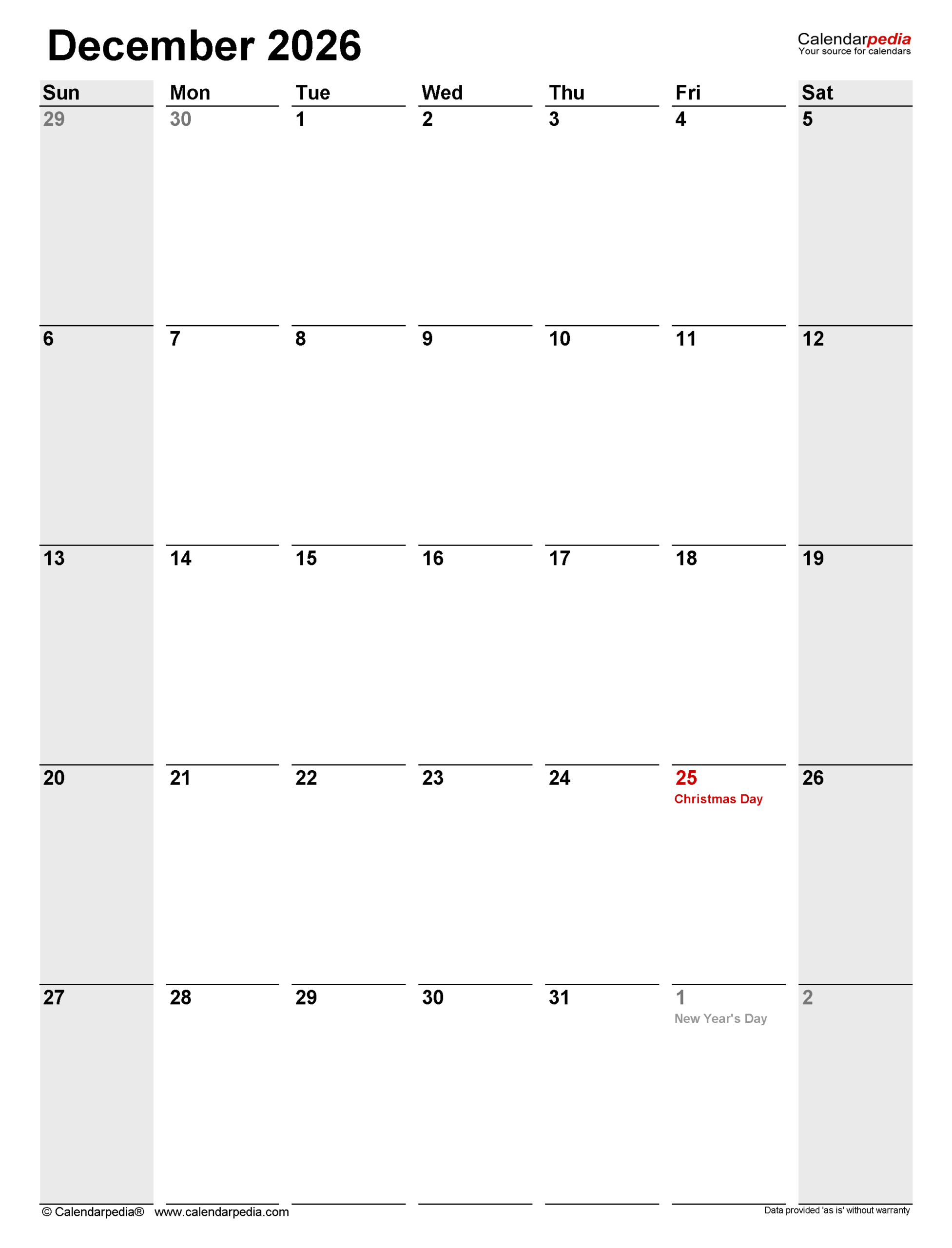 December 2026 Calendar Templates For PDF Excel And Word