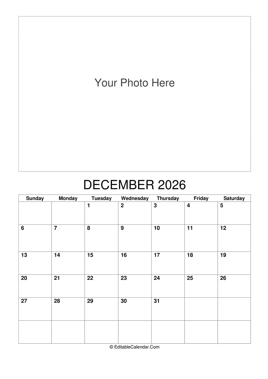 December 2026 Calendar Templates In Word PDF Excel