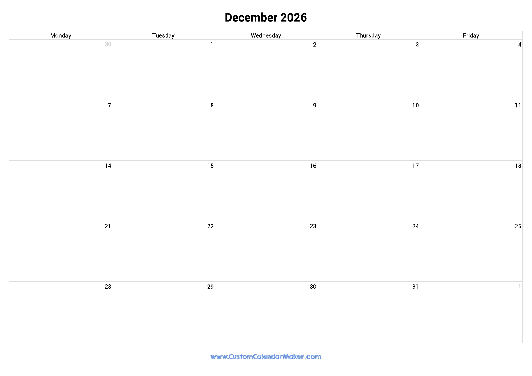 December 2026 Calendar Weekdays Only Monday To Friday Custom 