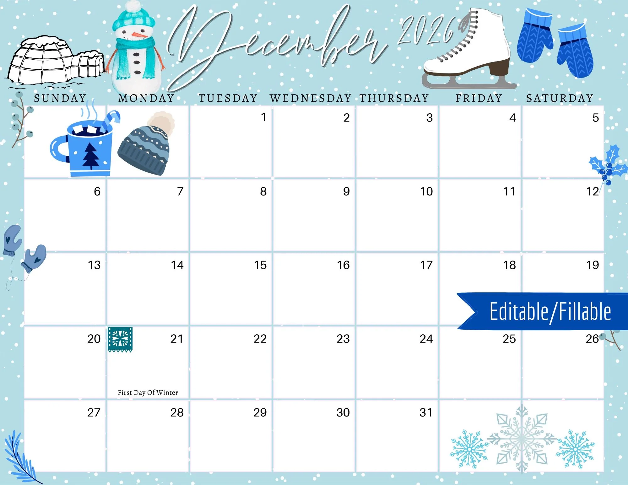 December 2026 Calendar Winter Wonderland Planner PDF PNG JPG 