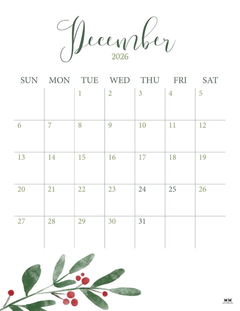 December 2026 Holiday Calendar Printable