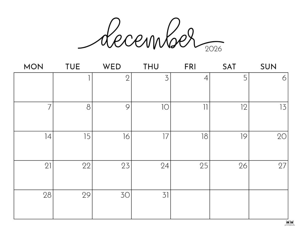 December 2026 Calendars 123 FREE Printables Printabulls