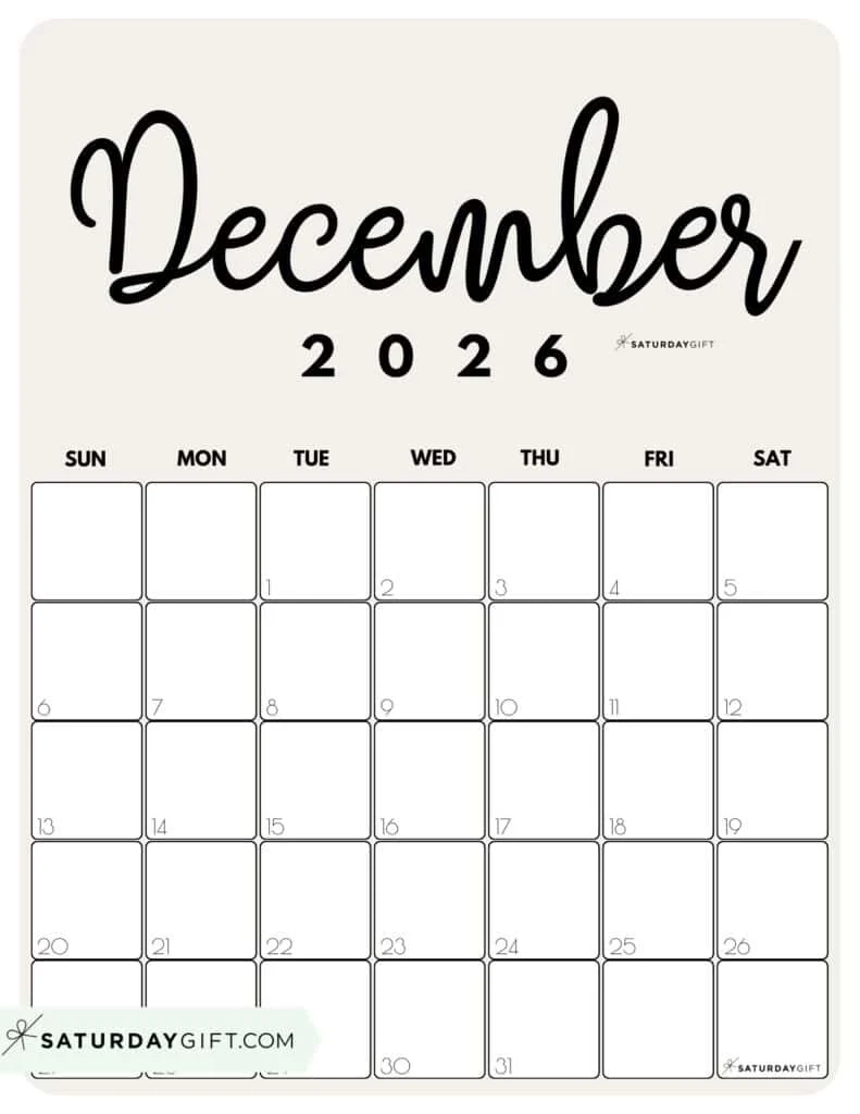 December 2026 Calendars 23 Cute Free Printable PDFs By SaturdayGift