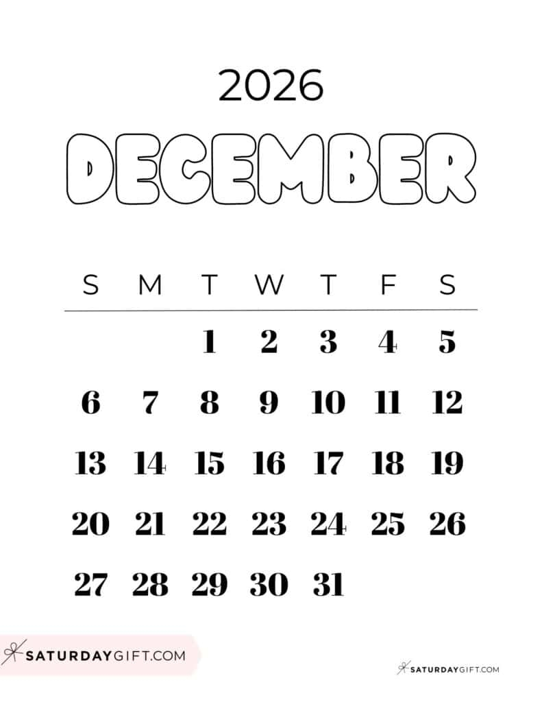 Free Printable Cute 2026 December Calendar