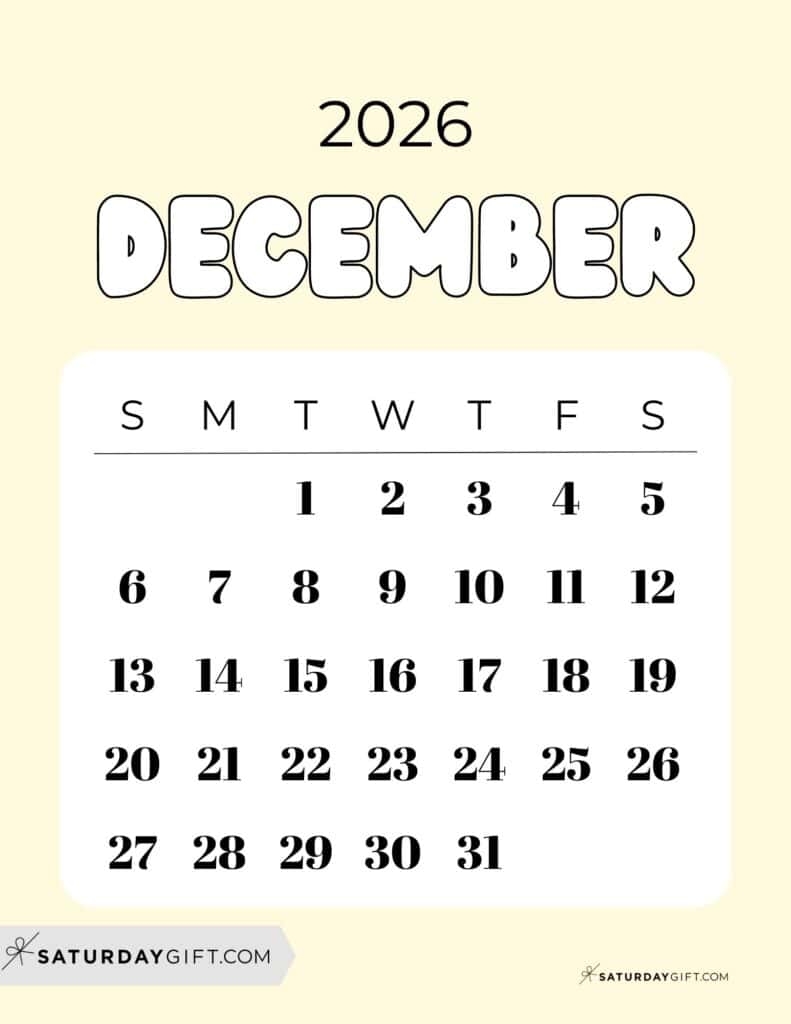 December 2026 Calendars 23 Cute Free Printable PDFs By SaturdayGift