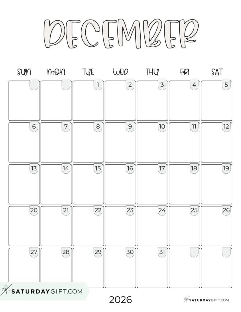 Free Printable Blank December 2026 Calendar