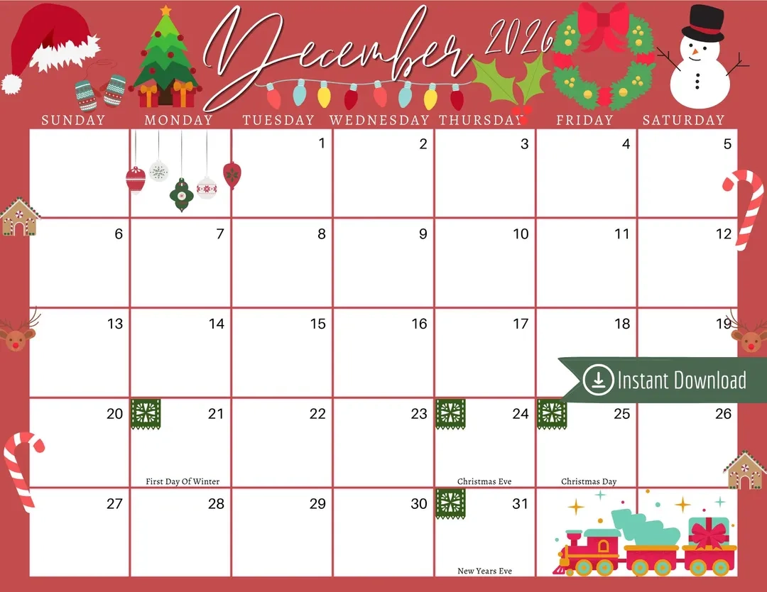 December 2026 Christmas Calendar Red Holiday Planner PDF PNG 