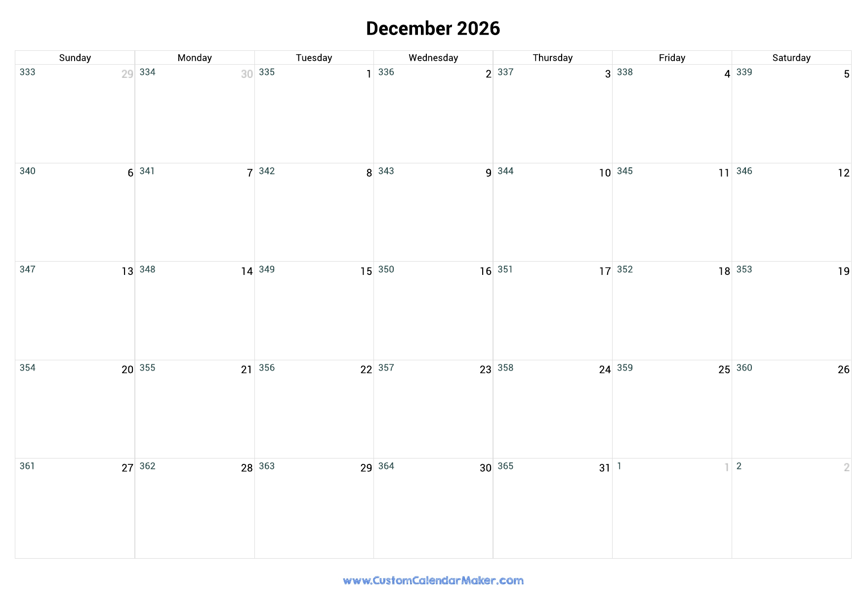 December 2026 Day Number Of The Year Calendar Custom Calendar Maker