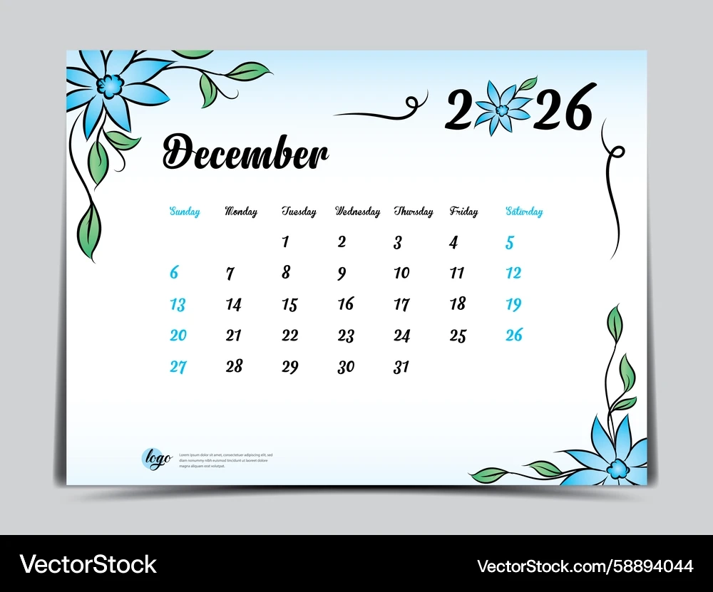December 2026 Design Calendar Template Royalty Free Vector 