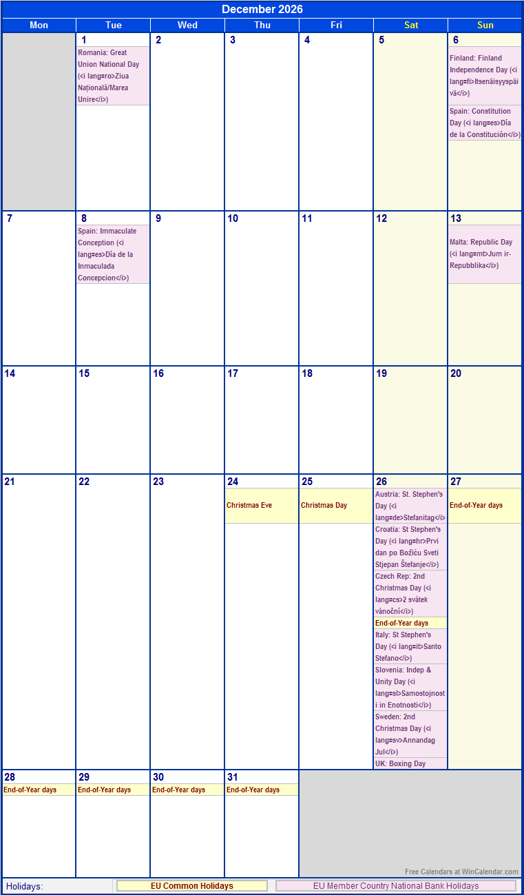 Printable Calendar December 2026 With Holidays
