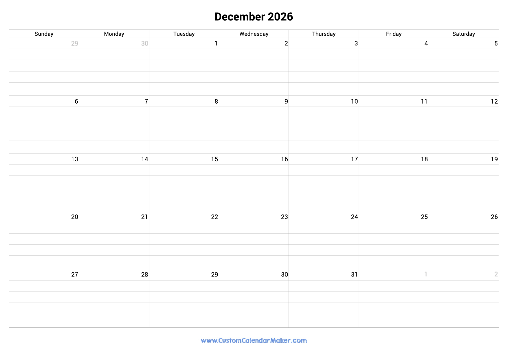 December 2026 Fillable Calendar Grid With Lines Custom Calendar 