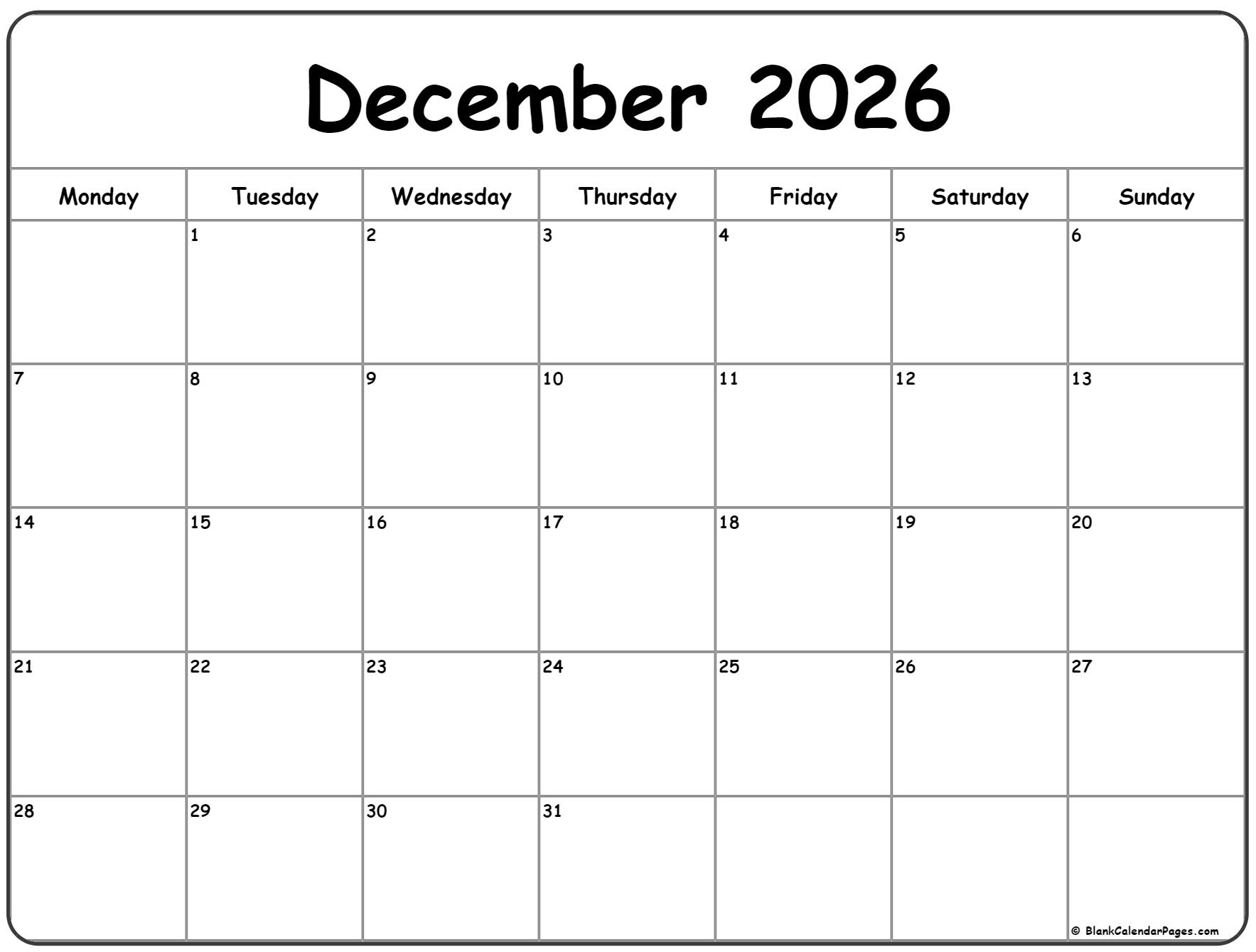 Printable Editable Calendar December 2026