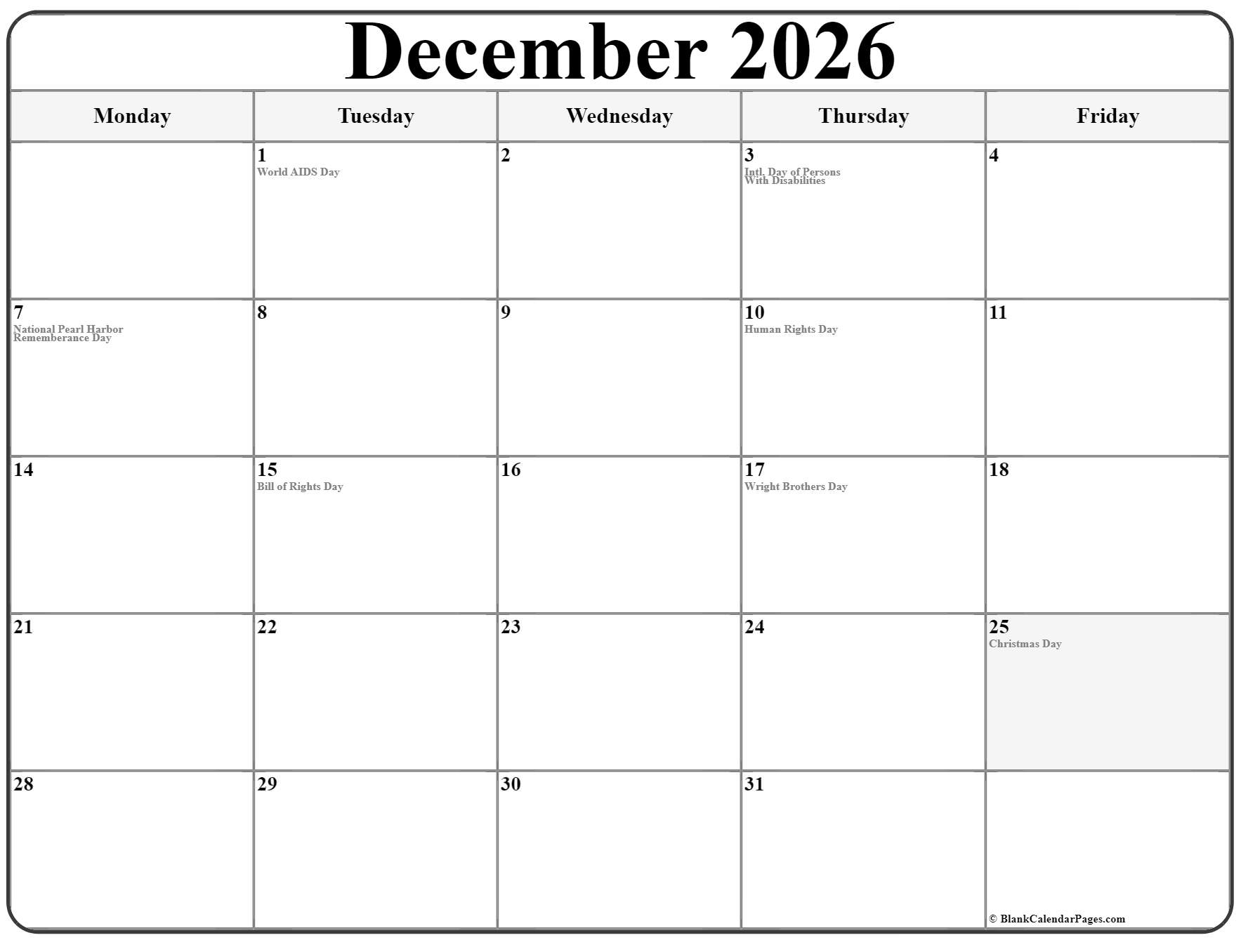 Printable December R 2026 Calendar