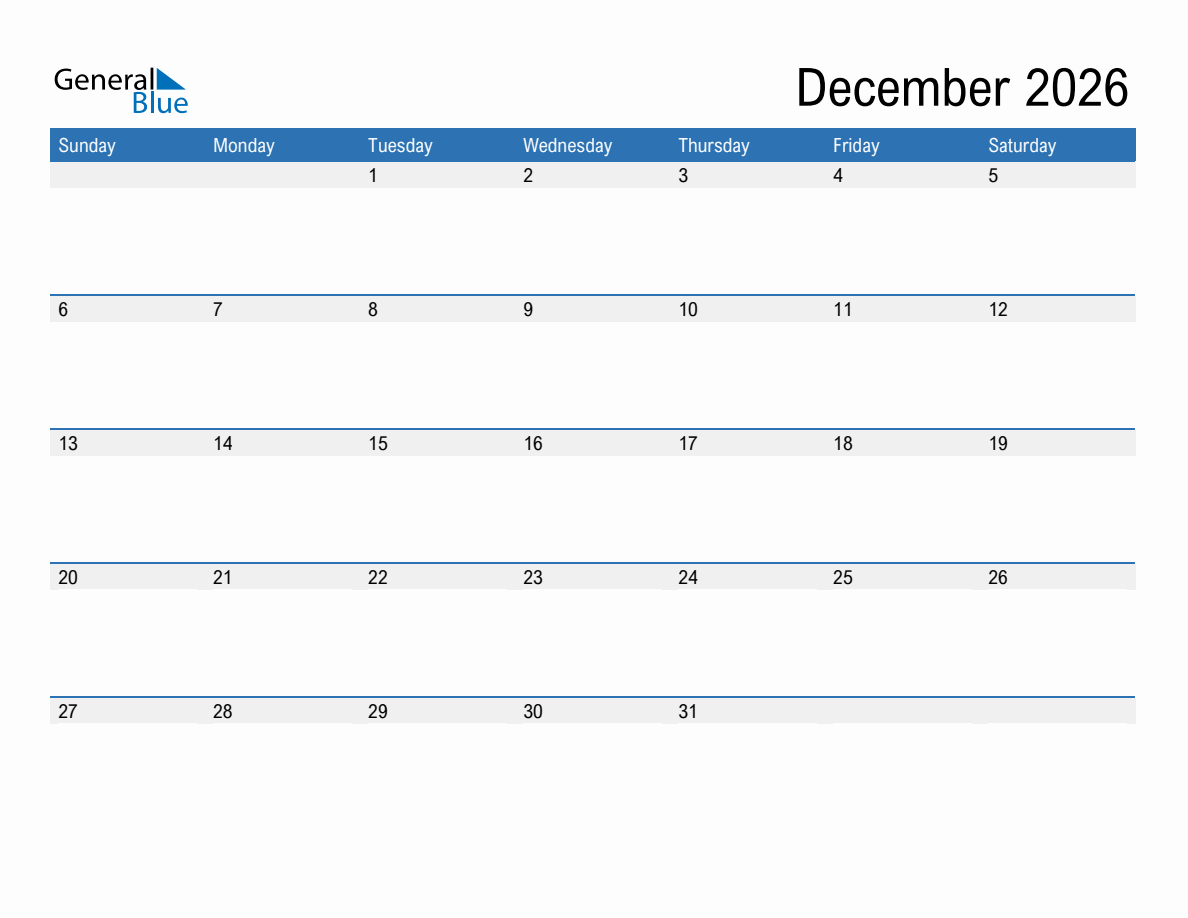 Printable December 2026 Calendar Microsoft Printable December 2026 Calendar Microsoft