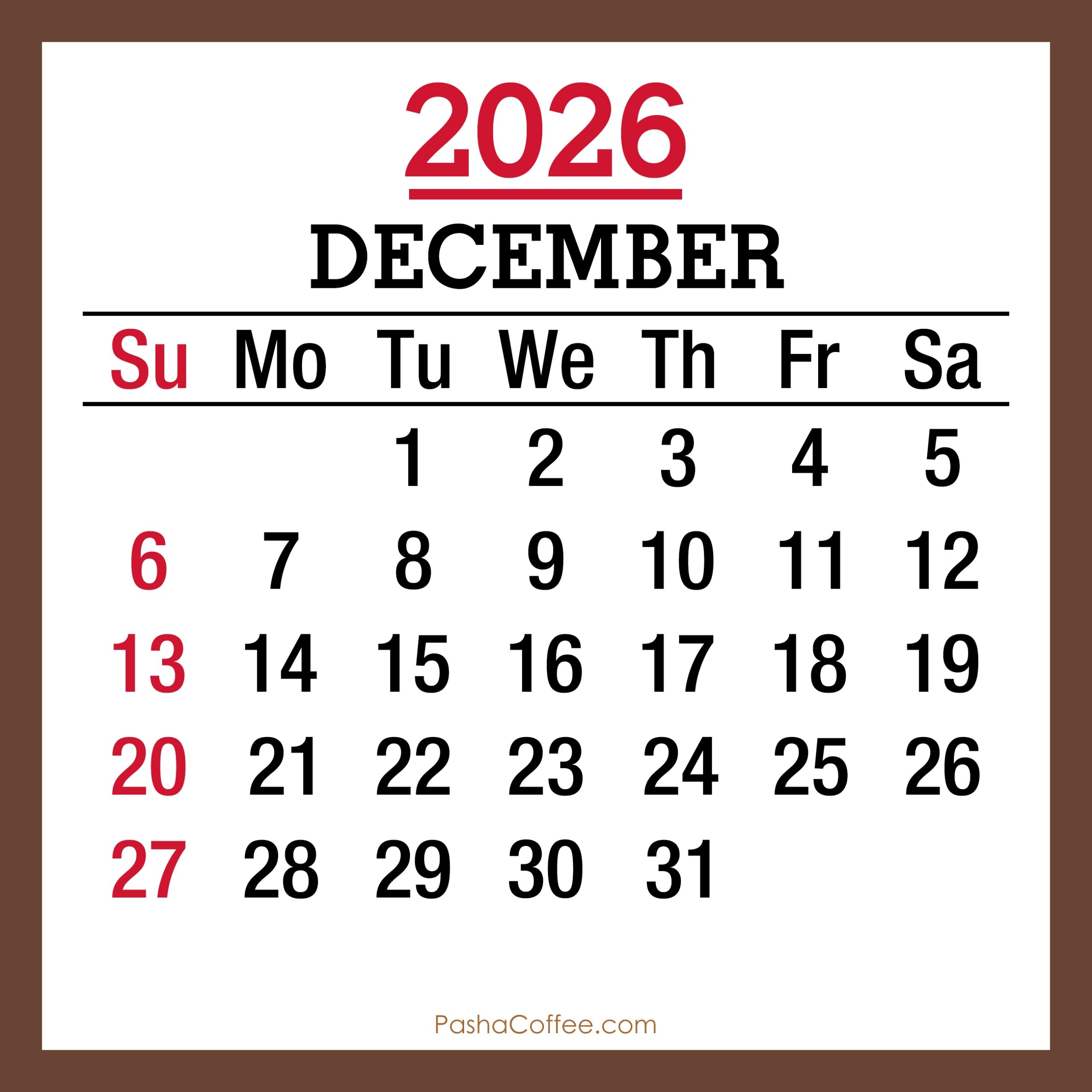 December 2026 Monthly Calendar Printable Free Sunday Start 