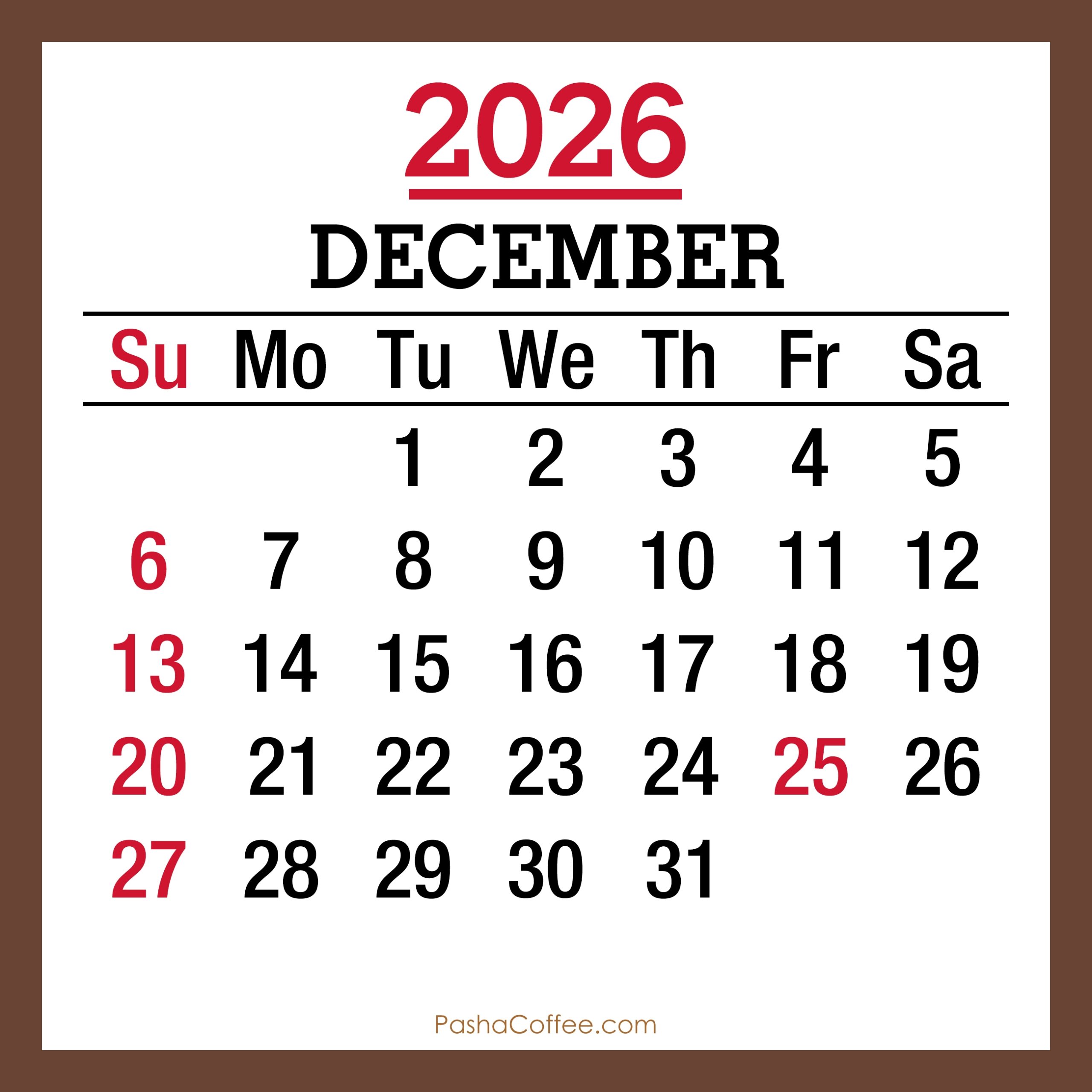 December 2026 Calendar Printable Banner