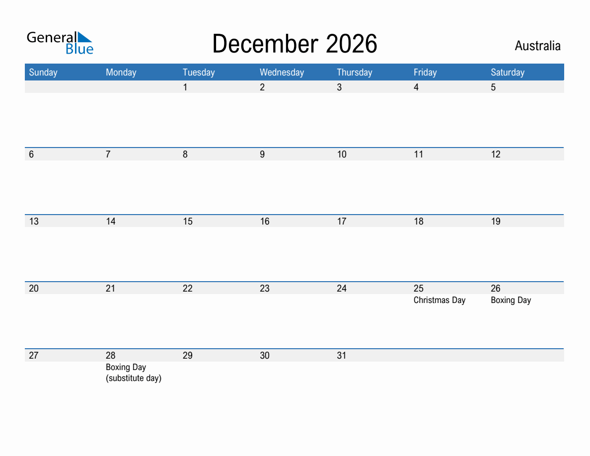 December 2026 Monthly Calendars With Australia Holidays