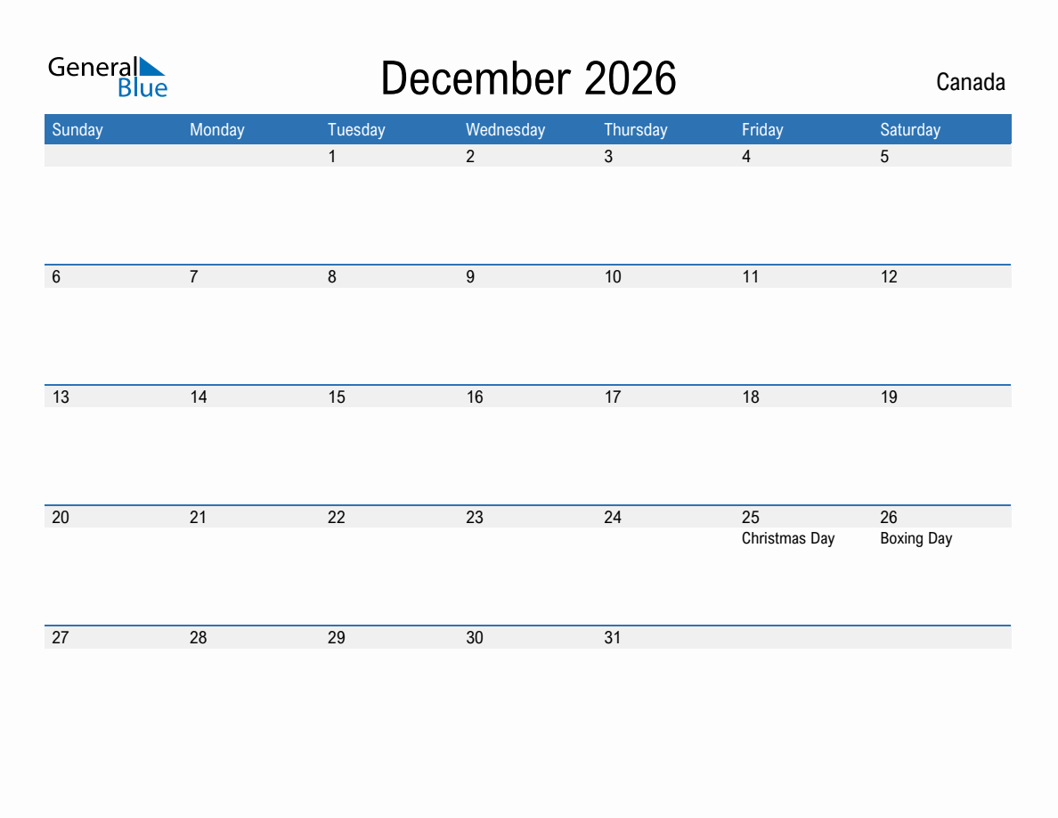 December 2026 Monthly Calendars With Canada Holidays