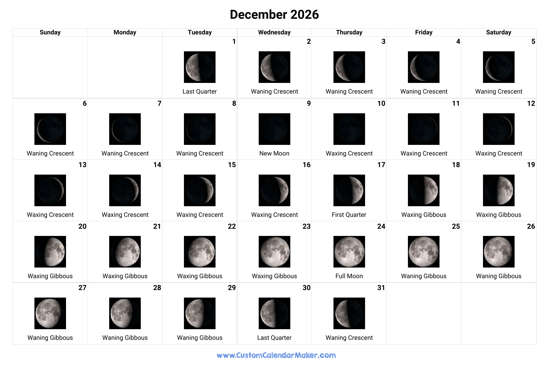 December 2026 Moon Phases Calendar Custom Calendar Maker