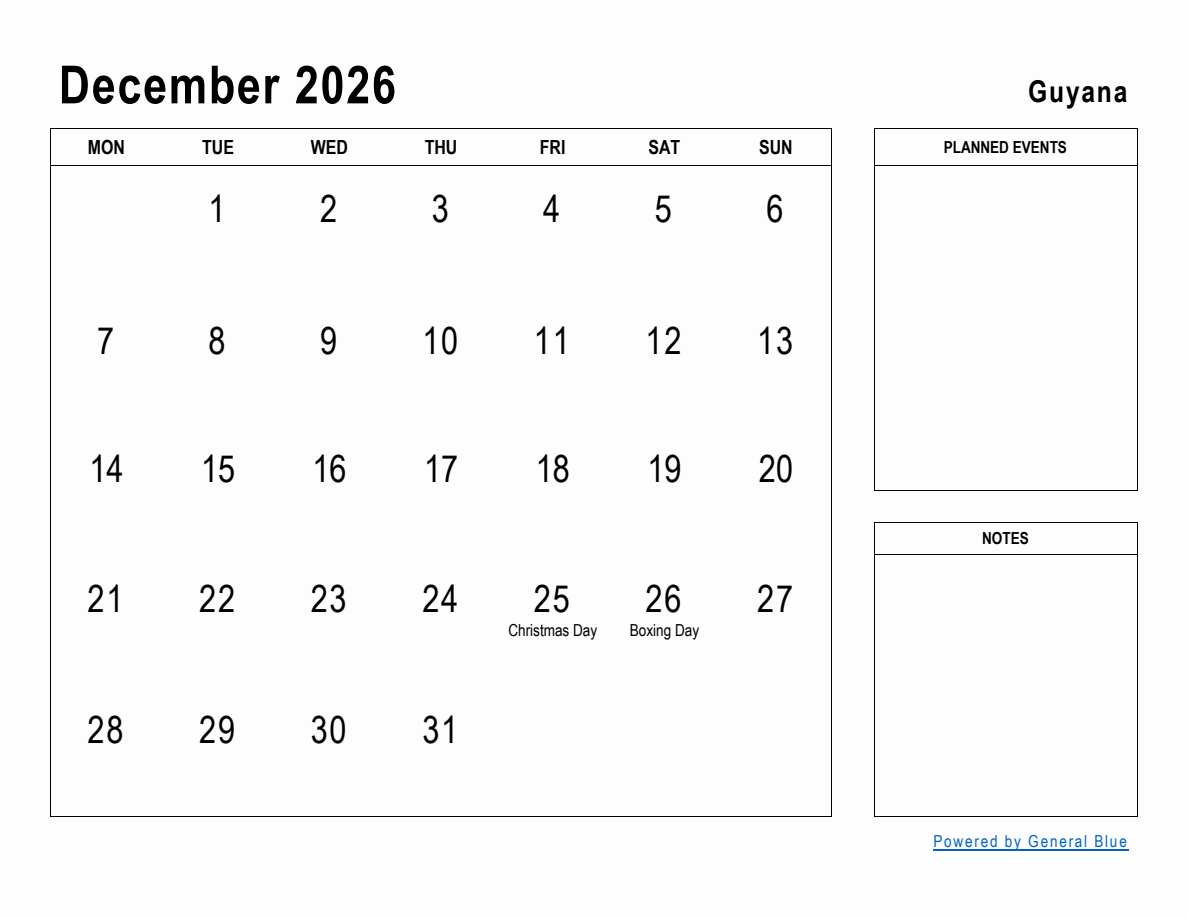 December 2026 Planner With Guyana Holidays Monday Start 