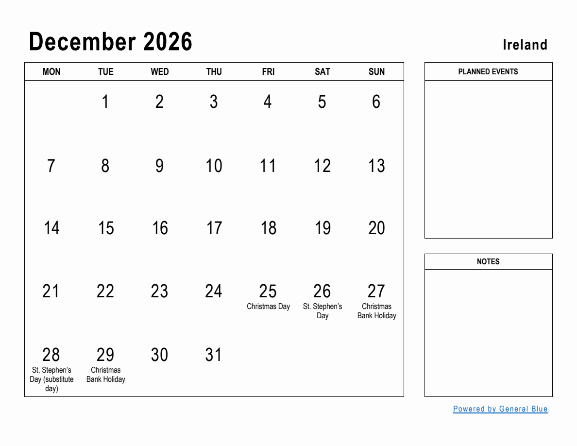 December 2026 Planner With Ireland Holidays Monday Start 